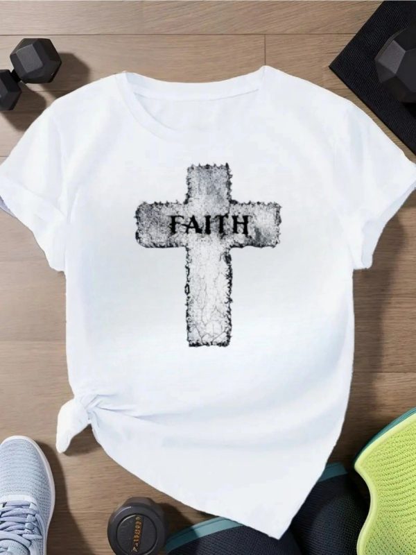 Summer 2025 Faith - Theme Women's Short Sleeve T-Shirt Embellished Cross Print Short Sleeve Sizes run large, we recommend ordering one size up. - Image 21