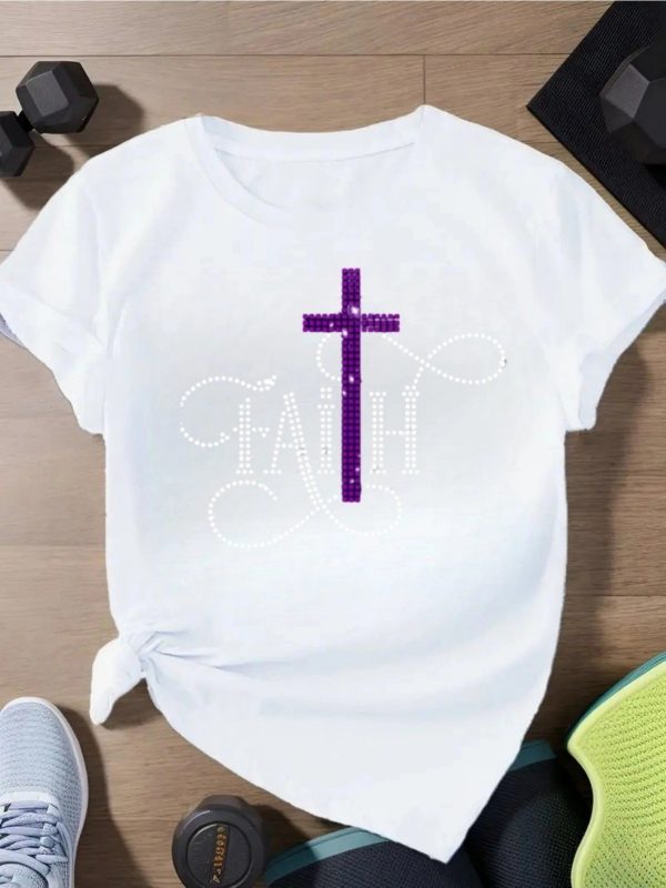 Summer 2025 Faith - Theme Women's Short Sleeve T-Shirt Embellished Cross Print Short Sleeve Sizes run large, we recommend ordering one size up. - Image 37