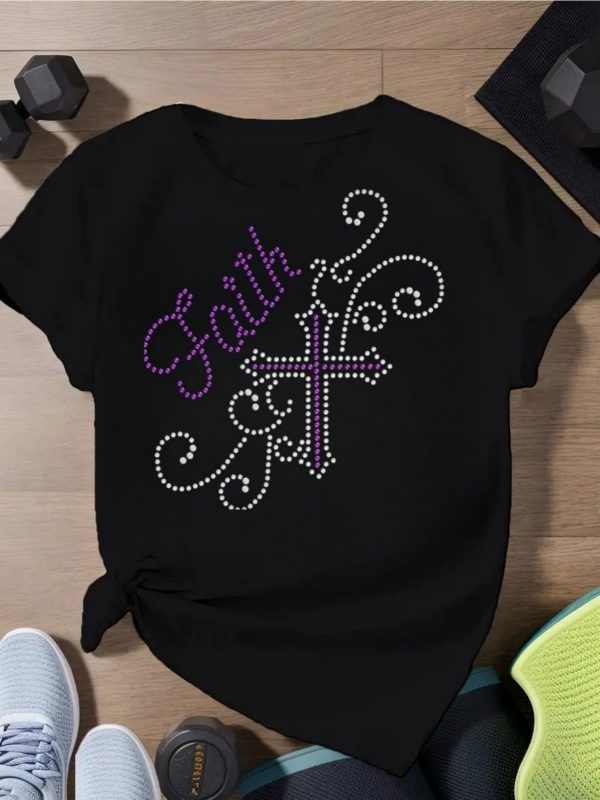 Summer 2025 Faith - Theme Women's Short Sleeve T-Shirt Embellished Cross Print Short Sleeve Sizes run large, we recommend ordering one size up. - Image 9
