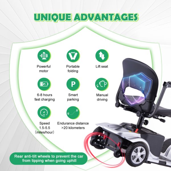 Comfortable & Convenient 10 Miles Long Range 4 Wheel Electric Mobility Scooter w/180W Motor for Seniors, Assemble Required, Up to 300Lbs Capacity, SILVER with Baskets - Image 3