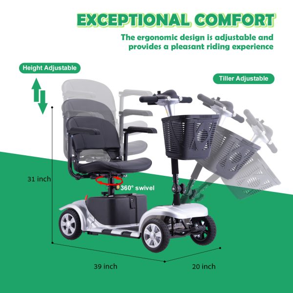 Comfortable & Convenient 10 Miles Long Range 4 Wheel Electric Mobility Scooter w/180W Motor for Seniors, Assemble Required, Up to 300Lbs Capacity, SILVER with Baskets - Image 2