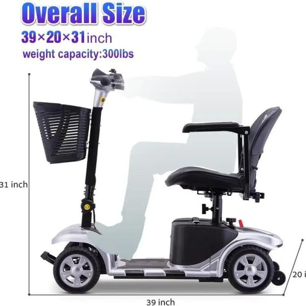 Comfortable & Convenient 10 Miles Long Range 4 Wheel Electric Mobility Scooter w/180W Motor for Seniors, Assemble Required, Up to 300Lbs Capacity, SILVER with Baskets - Image 4