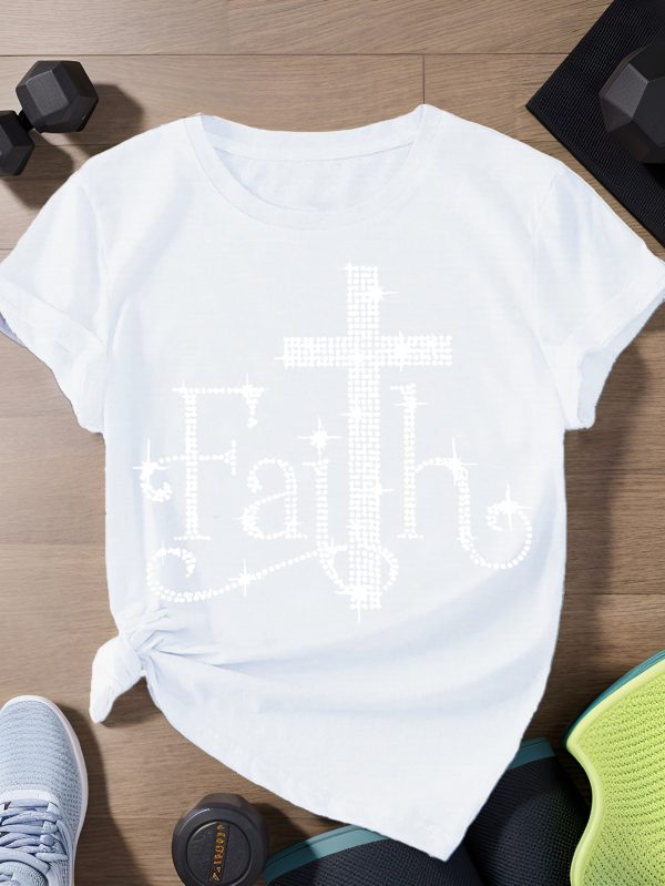 Summer 2025 Faith - Theme Women's Short Sleeve T-Shirt Embellished Cross Print Short Sleeve Sizes run large, we recommend ordering one size up. - Image 2