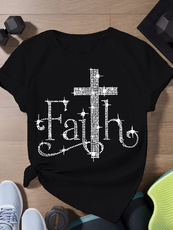 Summer 2025 Faith - Theme Women's Short Sleeve T-Shirt Embellished Cross Print Short Sleeve Sizes run large, we recommend ordering one size up.