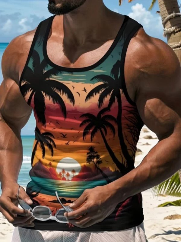 Men'S Tropical Sunset & Palm Tree Tank Top - Vibrant Beach Scene, Sleeveless Casual/Vacation Wear, Breathable Polyester Blend, Summer Essential for Leisure and Style, Summer Tank Top - Image 7