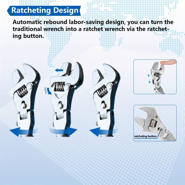 10"-12" Adjustable Ratcheting Wrench 5 In 1 Crescent Wrench with 180° Folding Rotating Head - Image 7