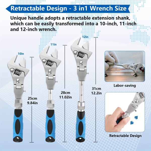 10"-12" Adjustable Ratcheting Wrench 5 In 1 Crescent Wrench with 180° Folding Rotating Head - Image 3
