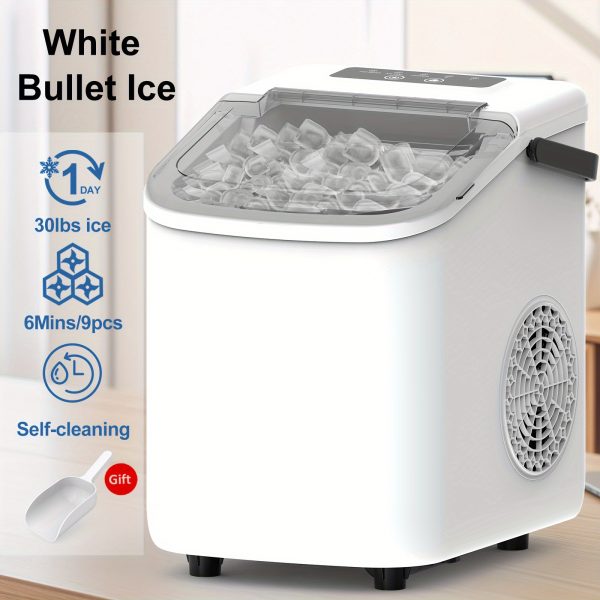Ice Maker With A Handle On The Countertop. It Can Make 9 Bullet-shaped Ice Cubes In 6 Minutes, With A 24-hour Ice-making Capacity Of 26 Pounds. It Is Equipped With An Automatic Cleaning Function And Comes With An Ice Basket And An Ice Scoop. - Image 5