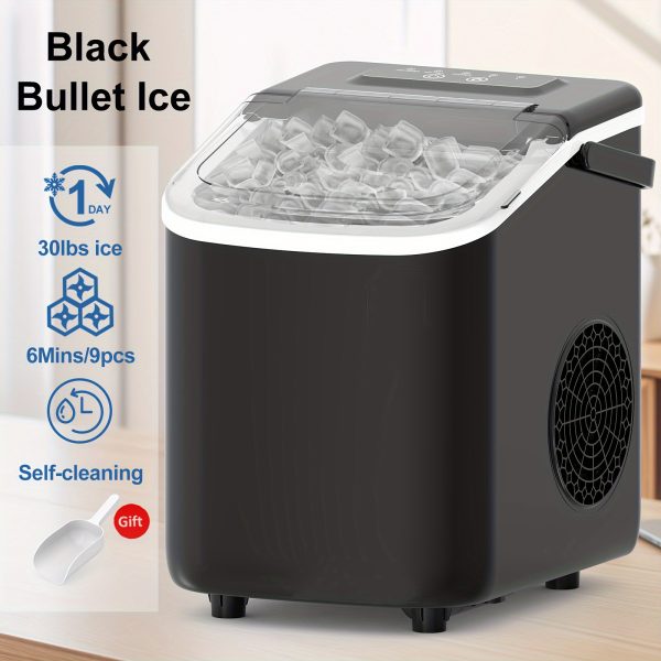 Ice Maker With A Handle On The Countertop. It Can Make 9 Bullet-shaped Ice Cubes In 6 Minutes, With A 24-hour Ice-making Capacity Of 26 Pounds. It Is Equipped With An Automatic Cleaning Function And Comes With An Ice Basket And An Ice Scoop. - Image 3