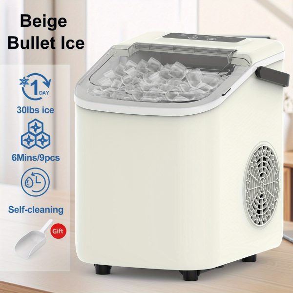 Ice Maker With A Handle On The Countertop. It Can Make 9 Bullet-shaped Ice Cubes In 6 Minutes, With A 24-hour Ice-making Capacity Of 26 Pounds. It Is Equipped With An Automatic Cleaning Function And Comes With An Ice Basket And An Ice Scoop. - Image 7