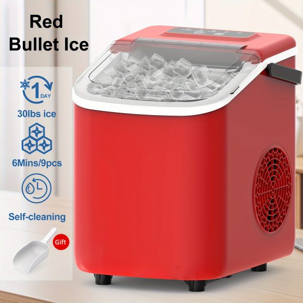 Ice Maker With A Handle On The Countertop. It Can Make 9 Bullet-shaped Ice Cubes In 6 Minutes, With A 24-hour Ice-making Capacity Of 26 Pounds. It Is Equipped With An Automatic Cleaning Function And Comes With An Ice Basket And An Ice Scoop. - Image 6