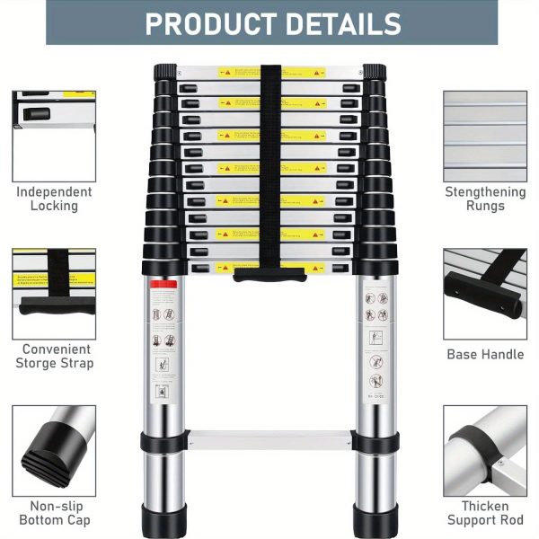 Telescoping Ladder 8.5FT/ 10.5FT/ 12.5FT/ 16.5FT/ 20.3FT, Telescopic Extension Ladder, Aluminum Alloy Folding Ladder Portable Multi-Purpose For Indoor Outdoor Work, Heavy Duty 330 Lbs Load - Image 2