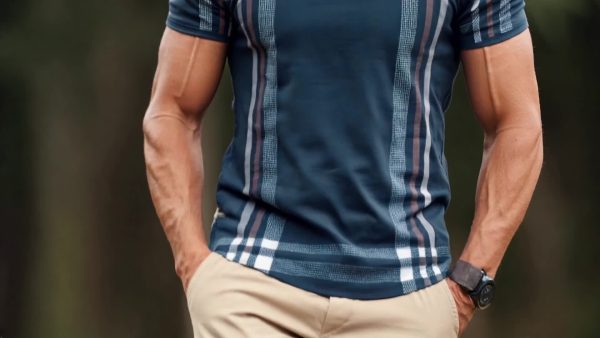 Men's Navy Blue Plaid Graphic T-Shirt - Stylish Short Sleeve, Breathable Polyester, Round Neck, Geometric Pattern, Machine Washable, Perfect for Casual or Formal Wear, Everyday Comfort | Short Sleeve Top | Polyester Fabric - Image 6
