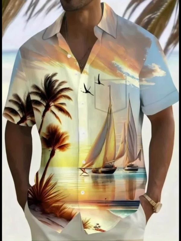 Men's Tropical Beach Print Short Sleeve Shirt - Vibrant Sailboat & Palm Tree Design, Lightweight Polyester, Perfect for Summer Vacations & Casual Outings - Image 7
