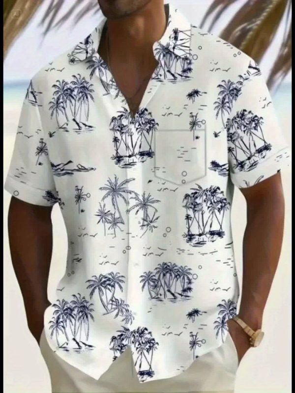 Men's Casual Hawaiian Shirt with Tropical Palm Tree Print, Short Sleeve Button-Up for Beach Vacation & Travel, White Base with Blue Illustrations, Lightweight Polyester Fabric, Perfect for Summer Outings - Image 7