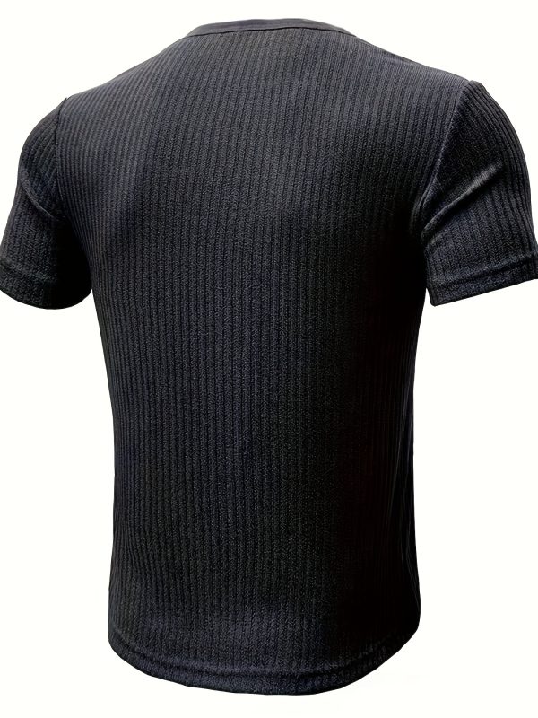 Short Sleeve Solid Stripe Pattern Knit T-shirt, Chic And Stylish Henley Neck Sports Tops For Men's Summer Leisurewear And Outdoors Activities - Image 10
