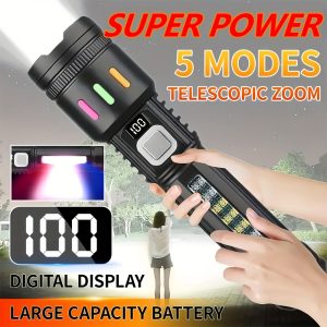 1pc Super Bright Rechargeable Flashlights LED, Handheld Strong Light, Tactical, 5 Modes, USB-C Charging Digital Display | Ideal for Running Hunting Hiking Home Lighting