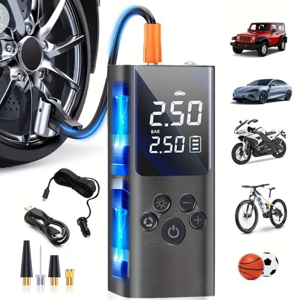 150PSI Cordless Tire Inflator Portable Tire Inflator, 150PSI Cordless Air Compressor with Digital Gauge & LED Light, USB Rechargeable, Fast Inflation for Cars, Bikes, Motorcycles & Sports Equipment, Air Pump for Car Tires