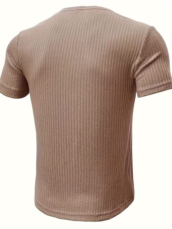 Short Sleeve Solid Stripe Pattern Knit T-shirt, Chic And Stylish Henley Neck Sports Tops For Men's Summer Leisurewear And Outdoors Activities - Image 6