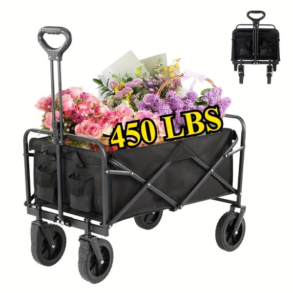 220/450/680 lb Capacity Heavy-Duty All-Terrain Folding Cart - Stainless Steel Frame and 600D Oxford Fabric, Foldable Multi-Purpose Wagon for Camping, Gardening, Beach, Shopping - No Assembly Required, Black Garden Tool Holder, Sturdy Handle Design, Durable Wheel Construction - Image 5