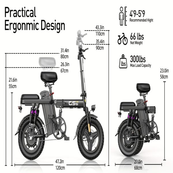 Adult Folding Electric Bike 740W Peak Motor 20 MPH 35-Mile Range 48V Removable Battery 14" Compact Alloy Steel Frame Disc Brakes Black City Commuter E-Bike with High-Quality Accessories, Foldable Electric Bike, Urban Cycling, Sleek Design, Durable Build - Image 17