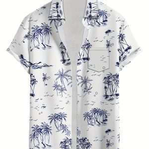 Men's Casual Hawaiian Shirt with Tropical Palm Tree Print, Short Sleeve Button-Up for Beach Vacation & Travel, White Base with Blue Illustrations, Lightweight Polyester Fabric, Perfect for Summer Outings