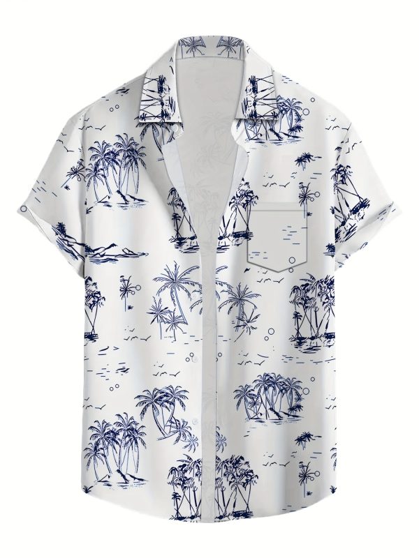 Men's Casual Hawaiian Shirt with Tropical Palm Tree Print, Short Sleeve Button-Up for Beach Vacation & Travel, White Base with Blue Illustrations, Lightweight Polyester Fabric, Perfect for Summer Outings