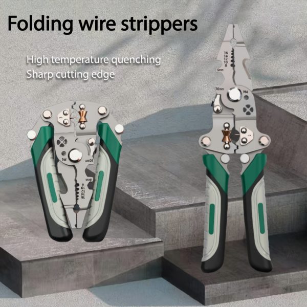 Versatile Electrician's Wire Stripper - Foldable, Multi-Function Tool for Stripping, Cutting & Crimping, Non-Slip Grip, Metal Construction - Image 3
