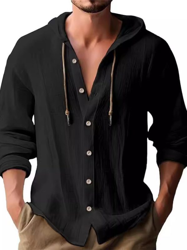 2025 new spring and summer Men's hooded t-shirt shirt solid color Linen Men's casual long-sleeved tops, summer wear, loose and comfortable, breathable and quick-drying, is the perfect gift choice! - Image 2
