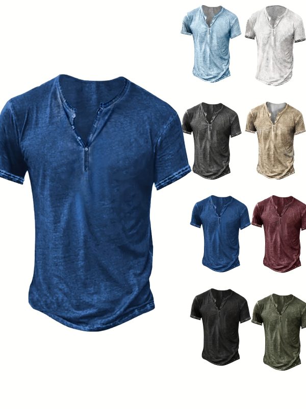 Mens Distressed Henley Shirts Short Sleeve Button T-Shirt Slim Fit Cotton Casual Shirt - Image 4