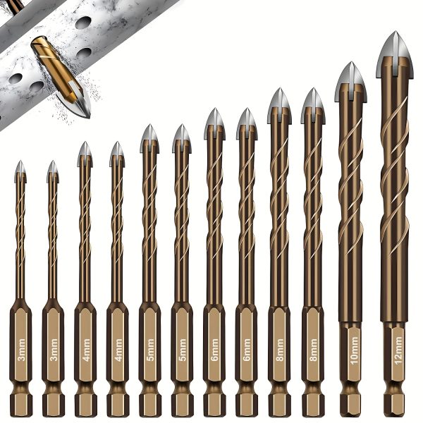 12pcs High-Performance Diamond Tile Drill Bits, 3-12mm Diameter, Hexagonal Core for Glass, Metal, Brick, Plastic, Wood - Durable & Efficient Drilling Too
