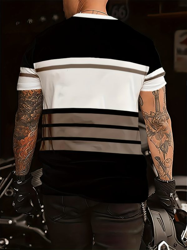 Men'S Stylish Black & White Striped T-Shirt - 100% Polyester, Crew Neck, Short Sleeve, Machine Washable, Comfort Fit for All Seasons, Casual Casual Attire | Smooth Texture Fabric - Image 2