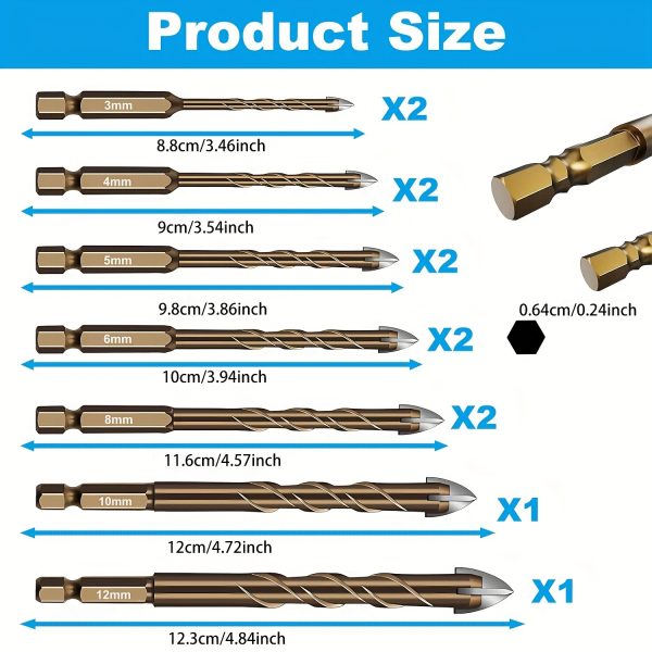 12pcs High-Performance Diamond Tile Drill Bits, 3-12mm Diameter, Hexagonal Core for Glass, Metal, Brick, Plastic, Wood - Durable & Efficient Drilling Too - Image 2