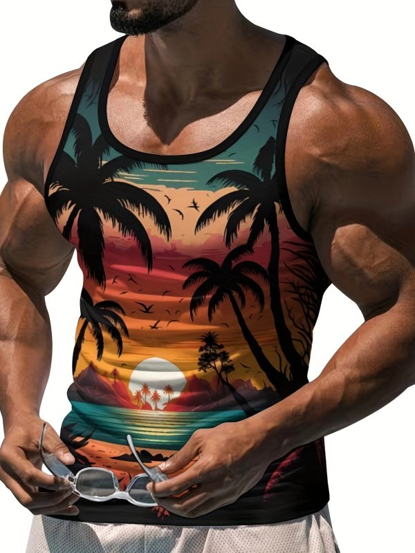 Men'S Tropical Sunset & Palm Tree Tank Top - Vibrant Beach Scene, Sleeveless Casual/Vacation Wear, Breathable Polyester Blend, Summer Essential for Leisure and Style, Summer Tank Top - Image 2
