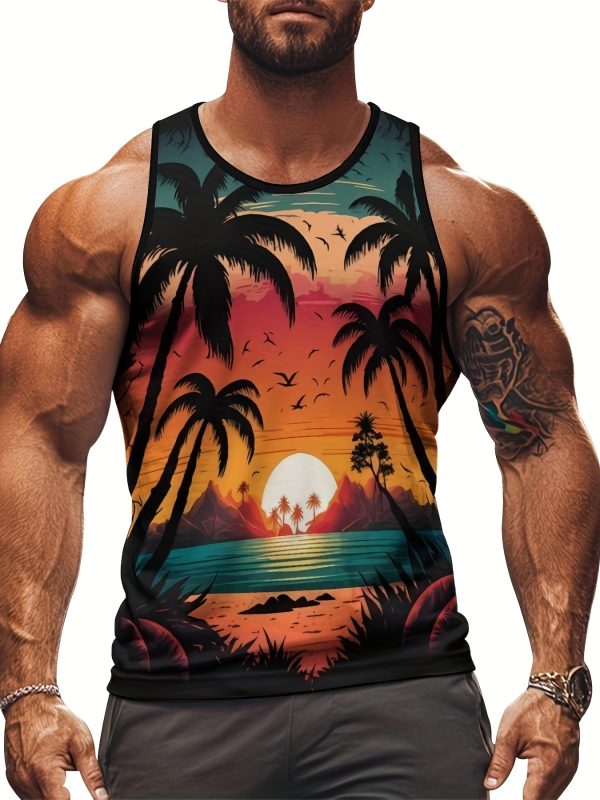 Men'S Tropical Sunset & Palm Tree Tank Top - Vibrant Beach Scene, Sleeveless Casual/Vacation Wear, Breathable Polyester Blend, Summer Essential for Leisure and Style, Summer Tank Top - Image 4