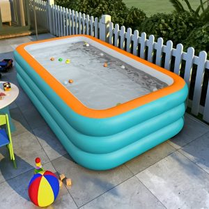 Super Large 3 & 4-Layer Heightened & Thick Inflatable Swimming Pool - Foldable PVC Sunscreen Material, Blue & White Rectangular Design with Smooth Surface for Patio, Beach, Camping & Outdoor Water Sports, Beach Swimming Pool | Quick Setup Pool