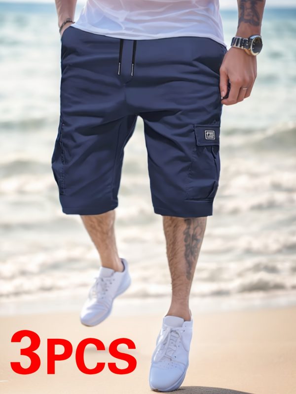 3pcs Men'S Summer Drawstring Work Shorts - Lightweight, Quick-Dry, Loose Fit with Pockets, Solid Color (Beige, Gray, Black), Perfect for Beach, Outdoor & Casual Wear, Beach Short - Image 10