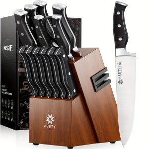 ASETY Knife Set, 15pcs Kitchen Knife Set with Built-in Knife Sharpener Block, German Stainless Steel Knife Block Set, NSF Food Safe, Gift for Men I Women, Complete 15pcs Kitchen Knife Set - Rust-Resistant Stainless Steel - Dishwasher Safe Knives