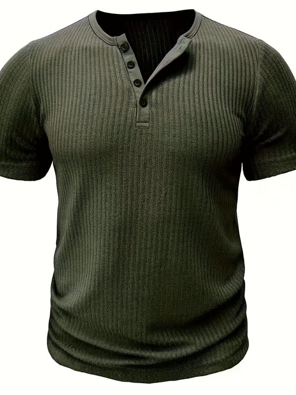 Short Sleeve Solid Stripe Pattern Knit T-shirt, Chic And Stylish Henley Neck Sports Tops For Men's Summer Leisurewear And Outdoors Activities - Image 3