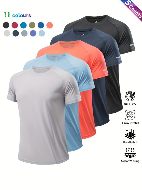 5pcs Men'S Casual Athletic T-Shirts - Breathable Polyester, Quick-Dry & Moisture-Wicking, Reflective Shoulder Design for Gym, Cycling, Running, Fishing & Basketball - Lightweight, 11 Colors, Gym Shirts, Knit - Image 2