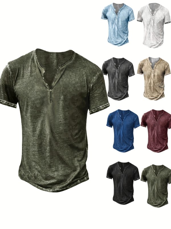 Mens Distressed Henley Shirts Short Sleeve Button T-Shirt Slim Fit Cotton Casual Shirt - Image 2