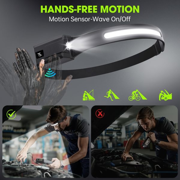 3pcs Rechargeable Headlamp with Adjustable & Removable Spotlight, Super Bright 800 Lumens LED Headlight, Motion Sensor Hands-Free, 6 Modes, USB Rechargeable, Adjustable Strap for Running, Hiking, Fishing, Camping, Running Gear | Sleek Headlamp | Durable Headlamp, Headlamp Rechargeable - Image 3