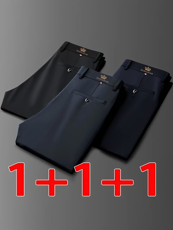 3pcs Men's High-Elasticity Business Casual Dress Pants - Wrinkle-Free All-Season Wear, Machine Washable with Logo, Mid-Rise Regular Fit & Zipper Closure for Office & Formal Occasions, Professional Attire, Classic Style, Premium Stitching, Versatile Trousers, Corporate Wear - Image 2
