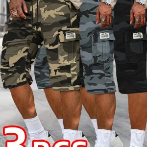 Three-Pack, Men'S Stylish And Versatile Camo Shorts, Loose 3/4 Length, Perfect Gift Choice for Casual Wear, Featuring Multiple Pockets, Non-Stretch Fabric, Casual Shorts|Camouflage Shorts|Pocketed Short