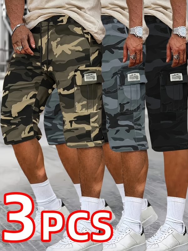Three-Pack, Men'S Stylish And Versatile Camo Shorts, Loose 3/4 Length, Perfect Gift Choice for Casual Wear, Featuring Multiple Pockets, Non-Stretch Fabric, Casual Shorts|Camouflage Shorts|Pocketed Short
