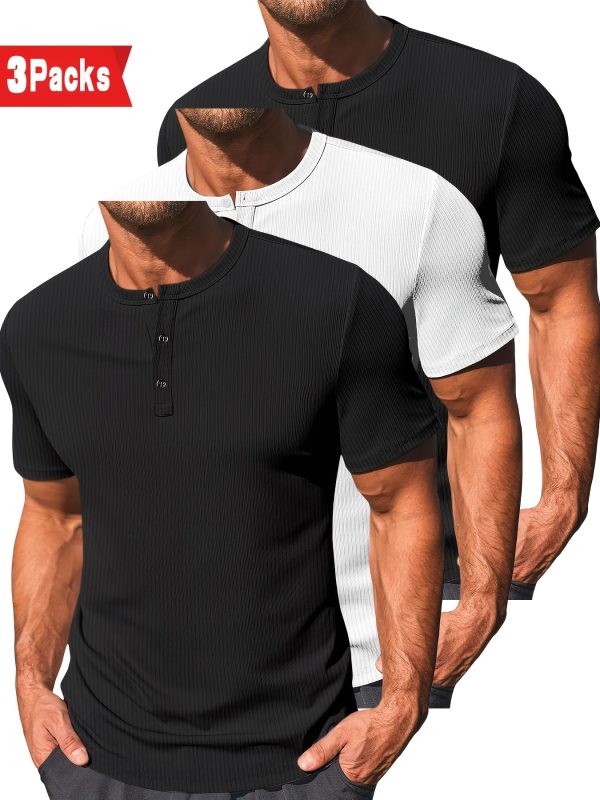 3pcs Men's Slim Fit Henley Shirts - Short Sleeve, Ribbed, Button-Up T-Shirts for Casual & Fitness Wear, Breathable Polyester, Black, White, Gray, Summer Essentials - Image 3