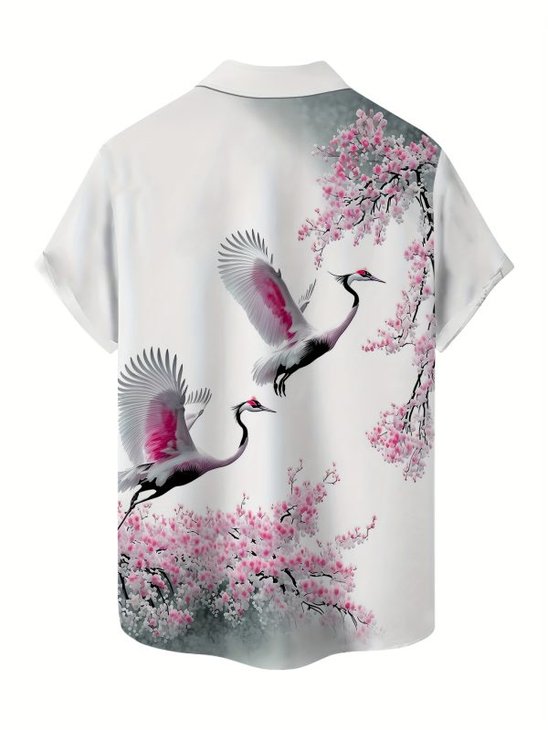 Men's Lightweight Polyester Short-Sleeve Shirt with Vibrant Red-Crowned Crane & Cherry Blossom Print, Casual Lapel Collar, Summer Fashion Top for Adults & Teens, Beach Attire | Vibrant Pattern Tee | Glossy Finish Shirt - Image 3