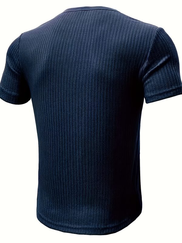 Short Sleeve Solid Stripe Pattern Knit T-shirt, Chic And Stylish Henley Neck Sports Tops For Men's Summer Leisurewear And Outdoors Activities - Image 9