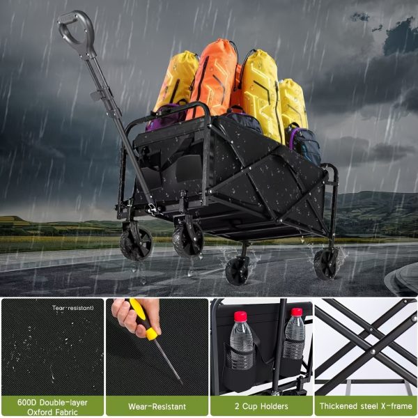 220/450/680 lb Capacity Heavy-Duty All-Terrain Folding Cart - Stainless Steel Frame and 600D Oxford Fabric, Foldable Multi-Purpose Wagon for Camping, Gardening, Beach, Shopping - No Assembly Required, Black Garden Tool Holder, Sturdy Handle Design, Durable Wheel Construction - Image 6