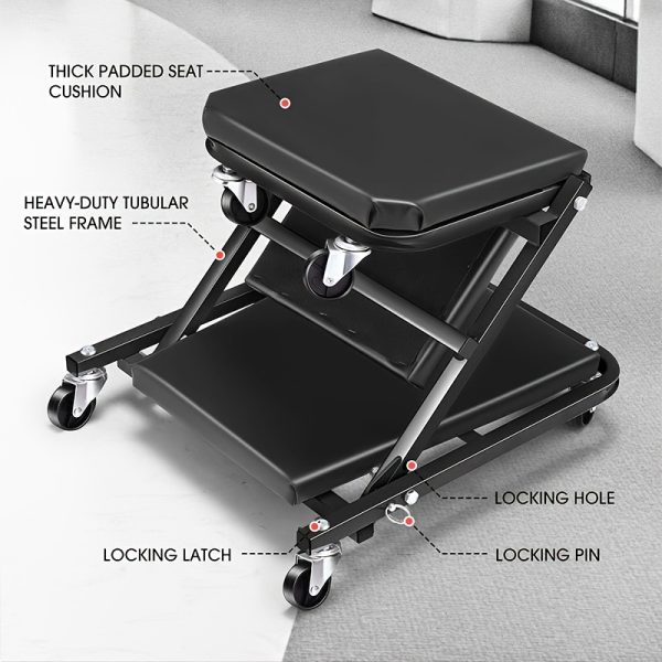Wheel X Mechanical Crawler 36 Inch 3-in-1/2-in-1/2-in-1 With Brake Mode Z Seat 340 Pound Capacity, Foldable Garage Adjustable Rolling Folding With 6 Wheel Rollers, Lying Down And Leaning, Under Car Maintenance, Red And Black - Image 8